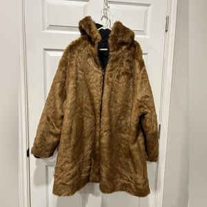 Roaman's Womens Brown Faux Fur With Pockets Hooded Reversible Overcoat Size‎ 3X